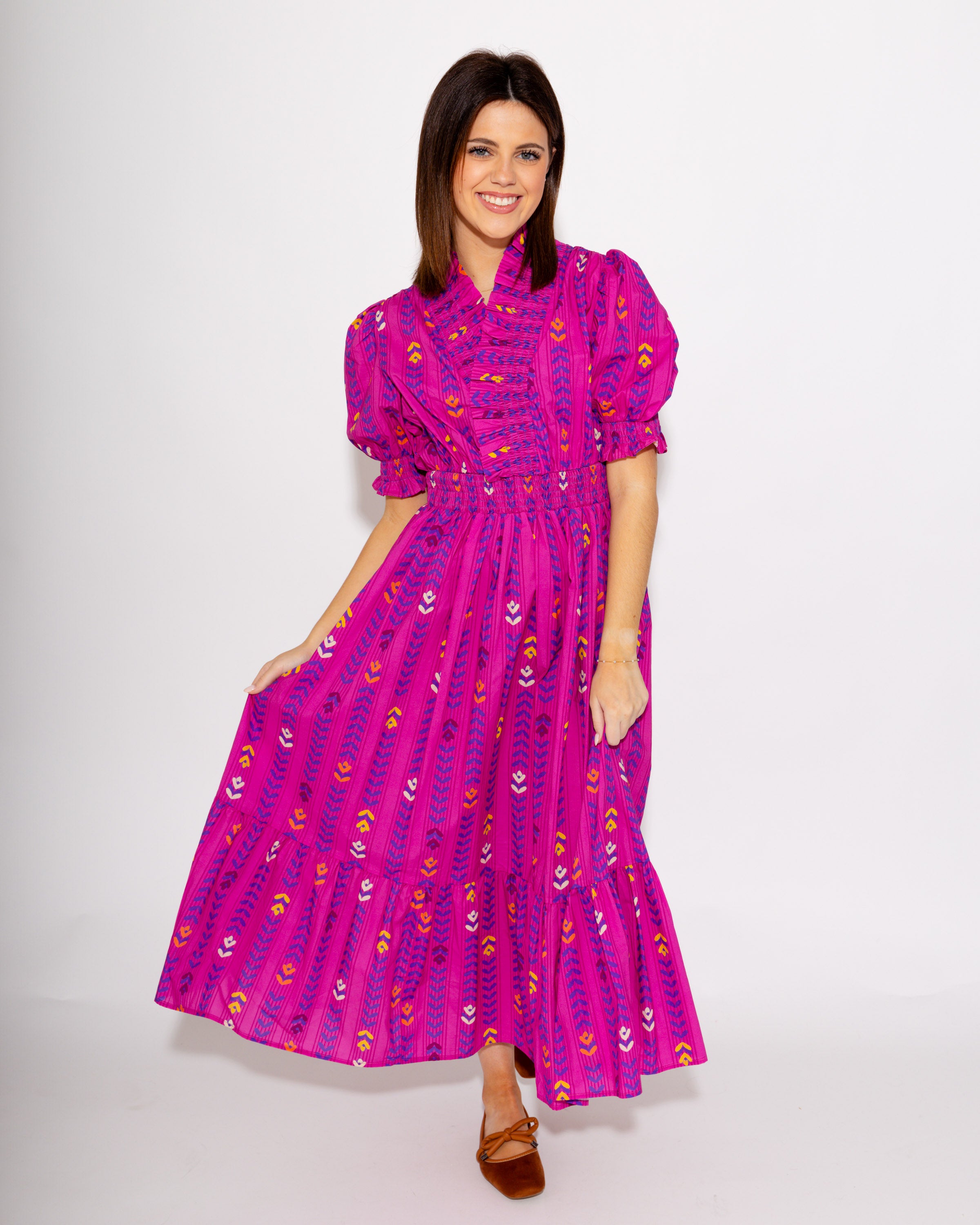Magenta Puff Sleeve Smocked Neck Dress