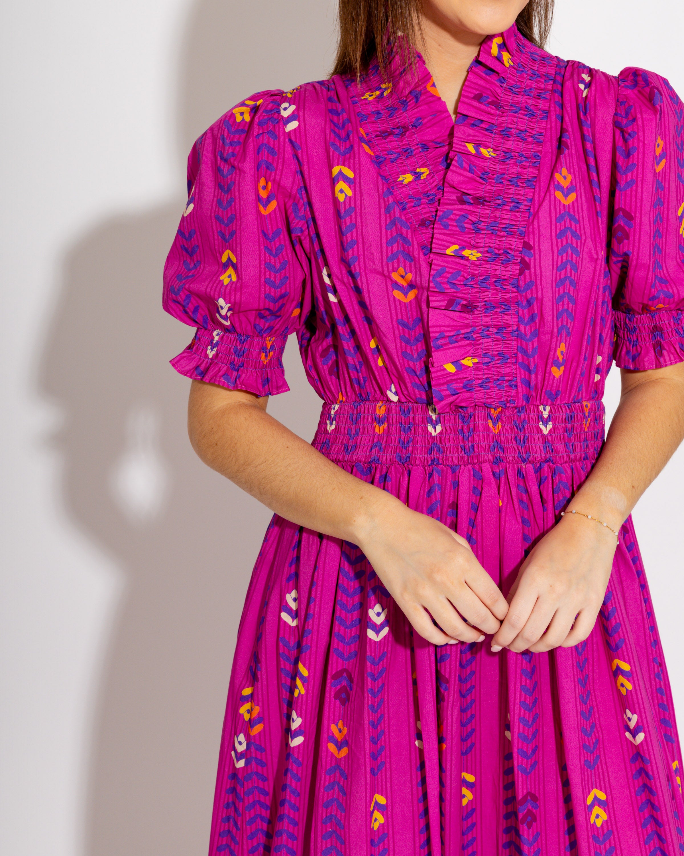 Magenta Puff Sleeve Smocked Neck Dress