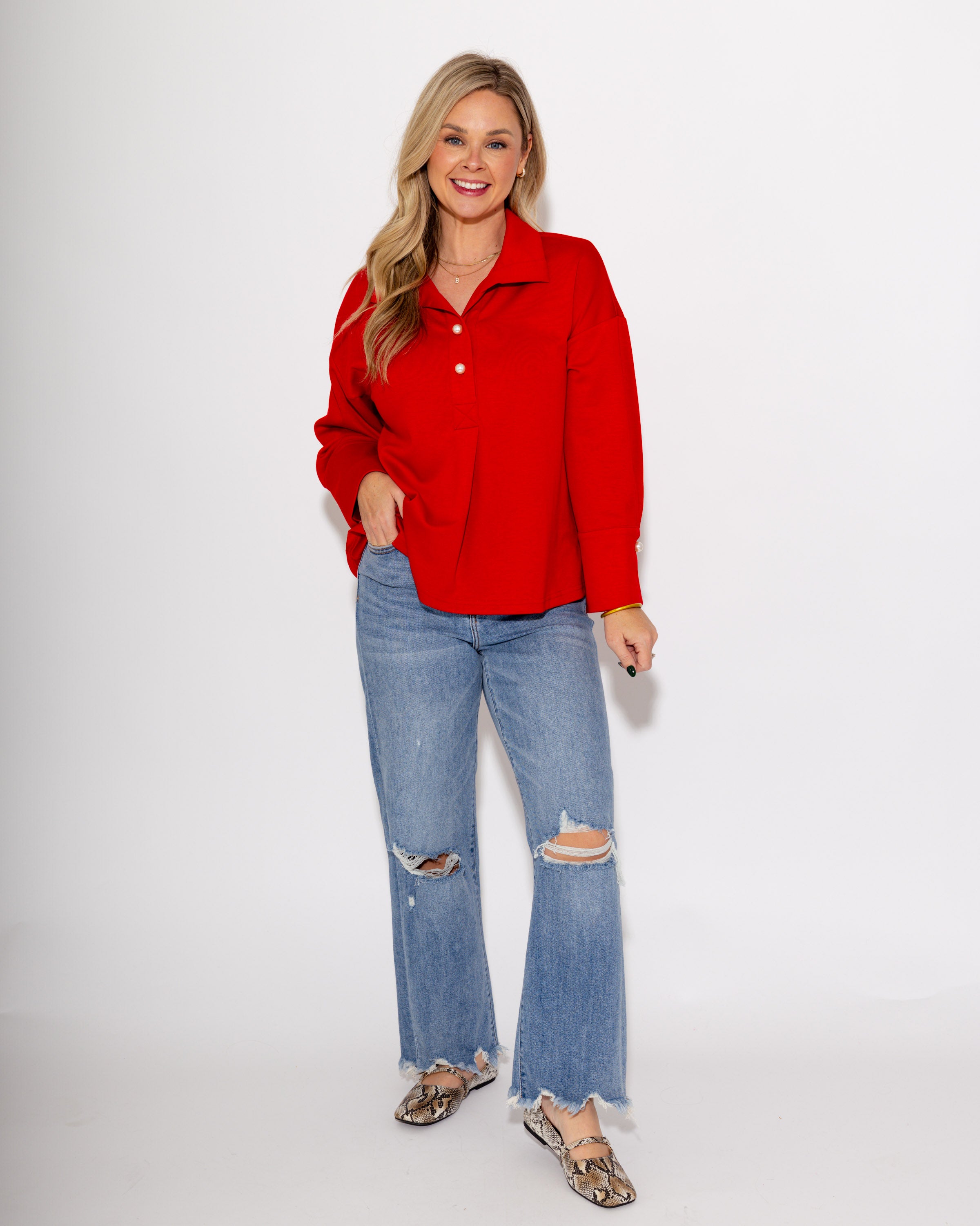 Pearl & Pleat Long Sleeve Blouse In Red