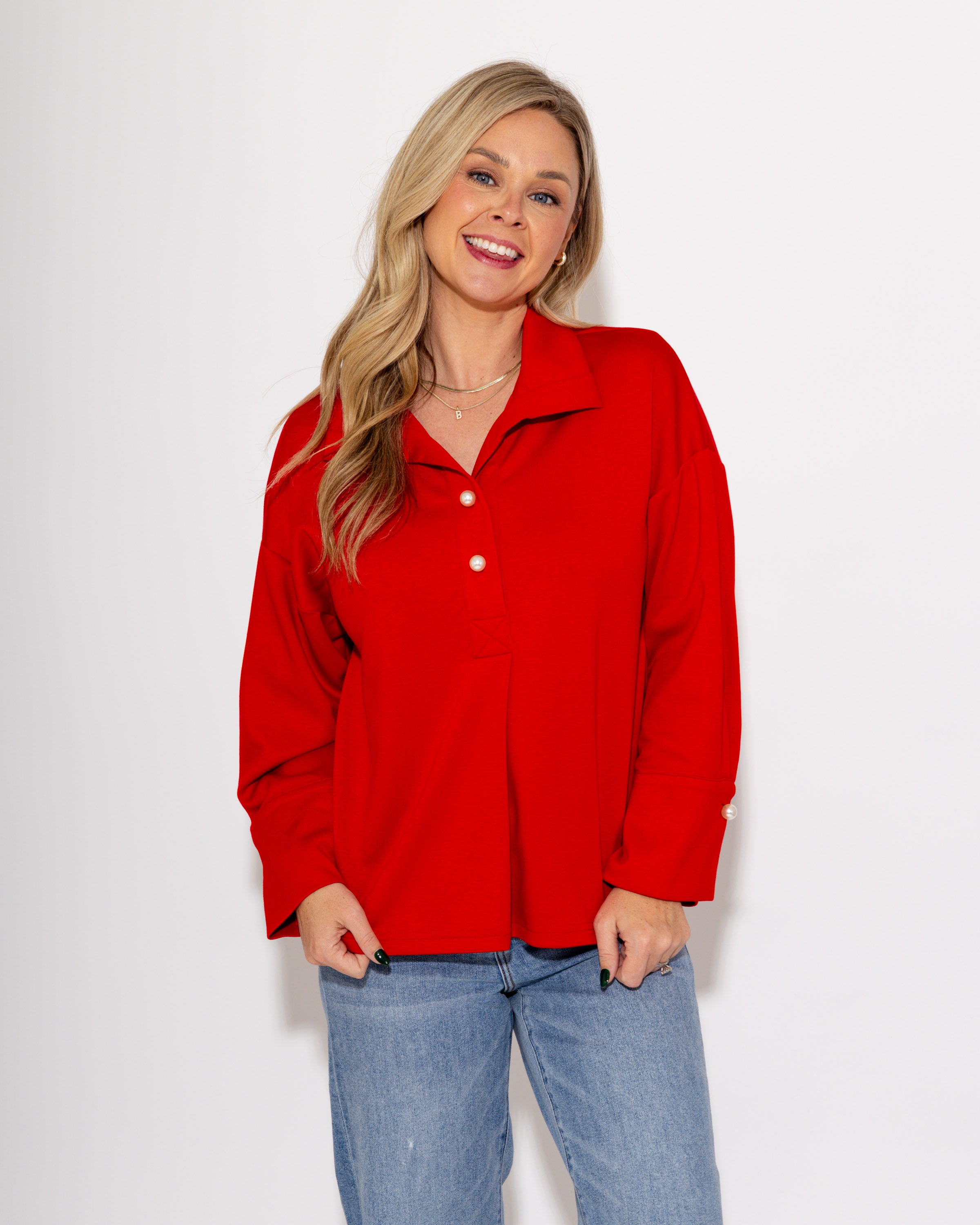 Pearl & Pleat Long Sleeve Blouse In Red