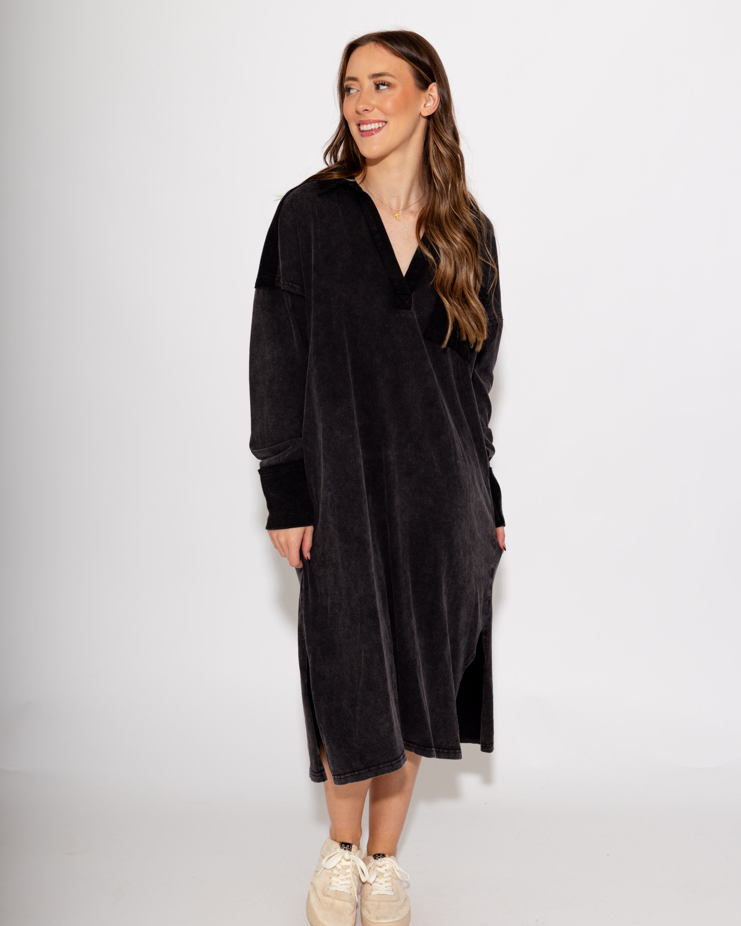 Mineral Washed Casual Midi Dress