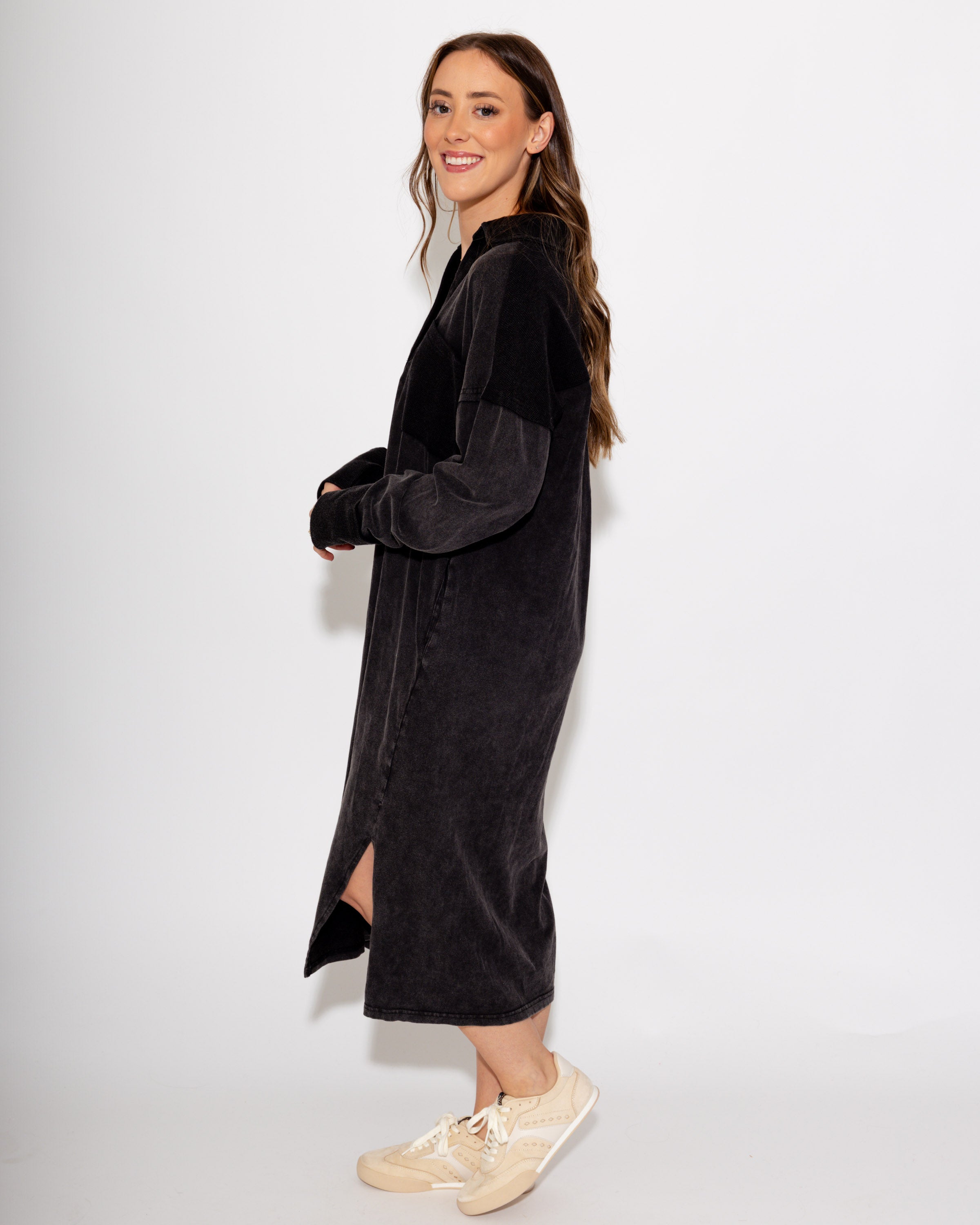 Mineral Washed Casual Midi Dress