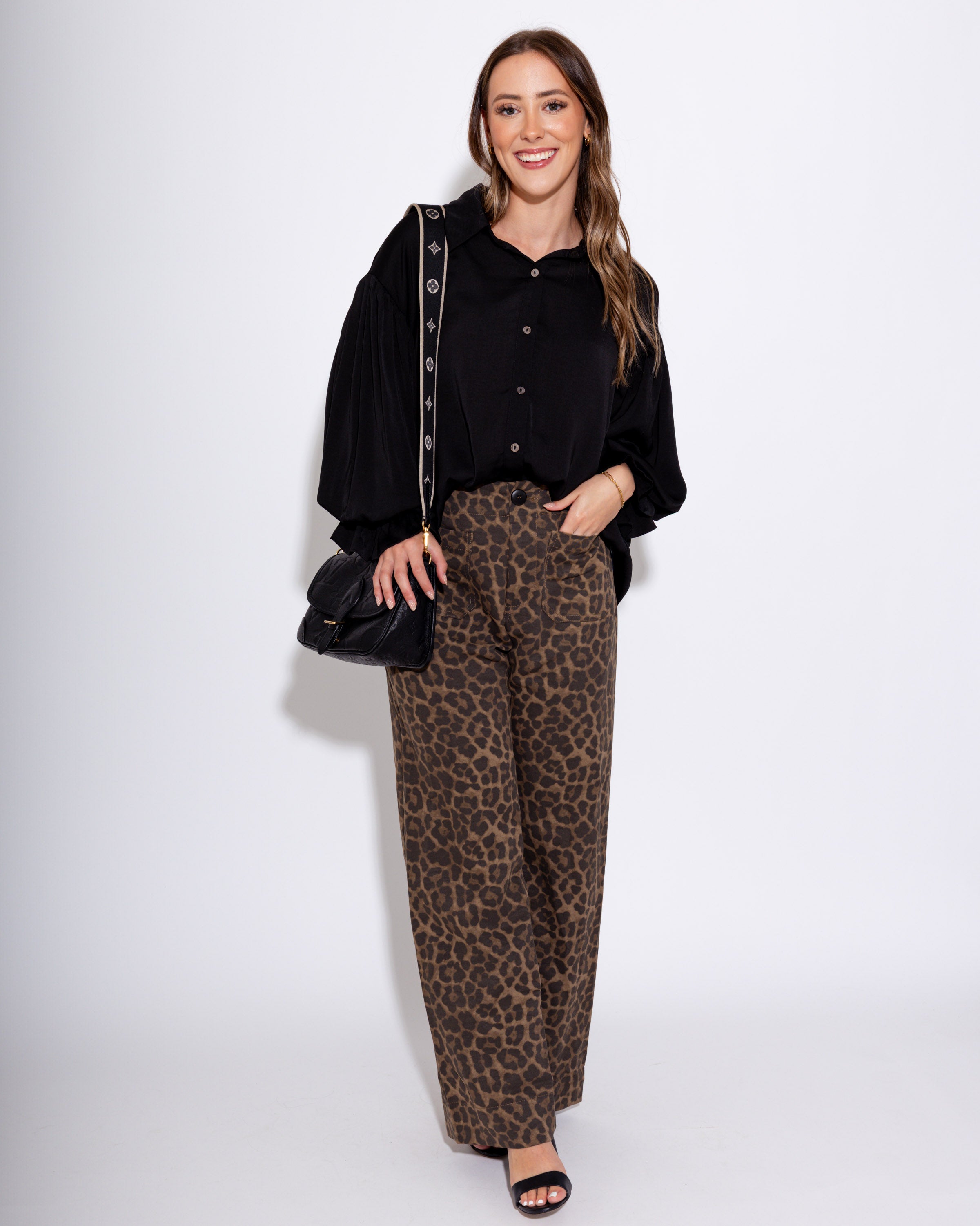 Satin Collared Button-Down Top in Black