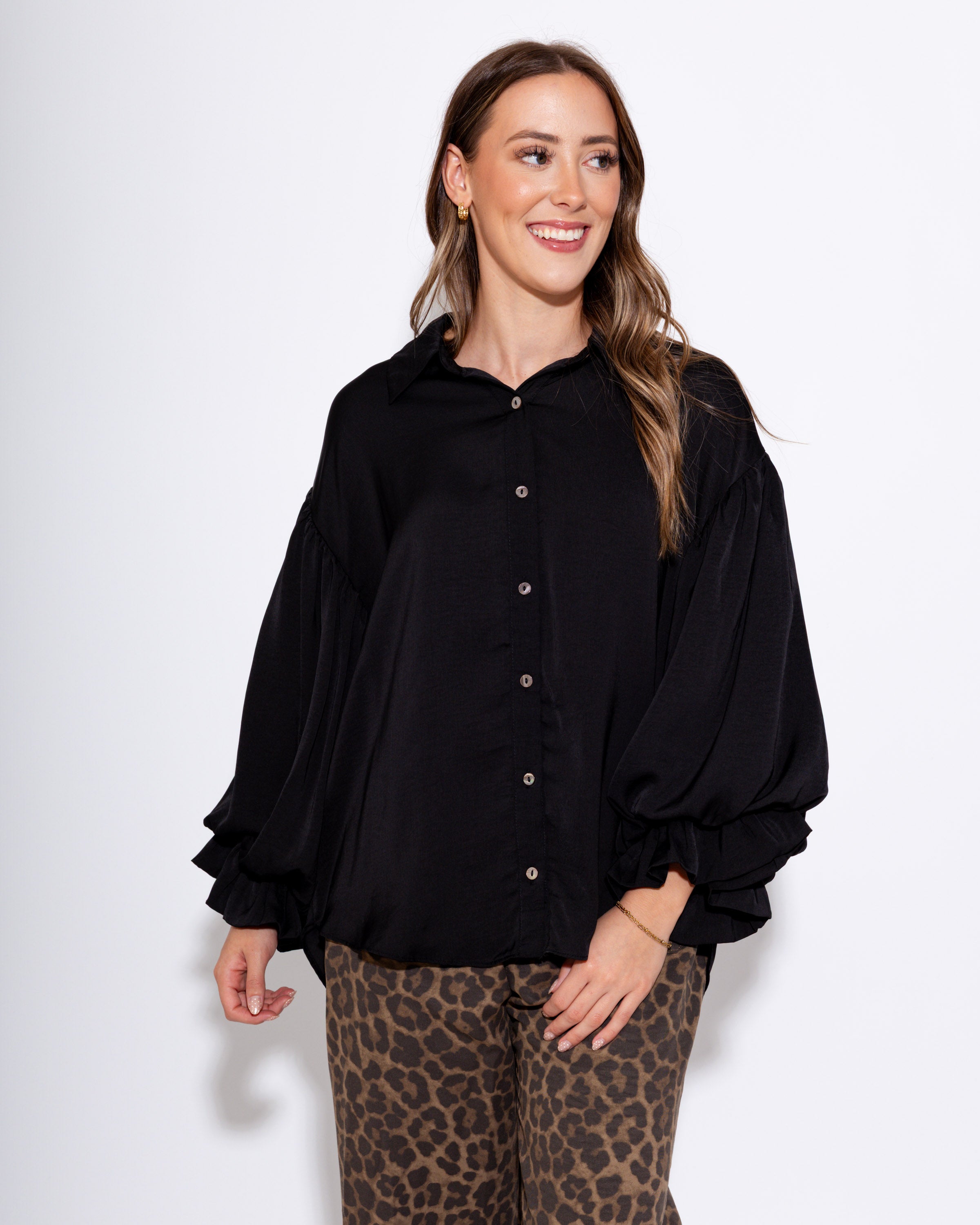 Satin Collared Button-Down Top in Black