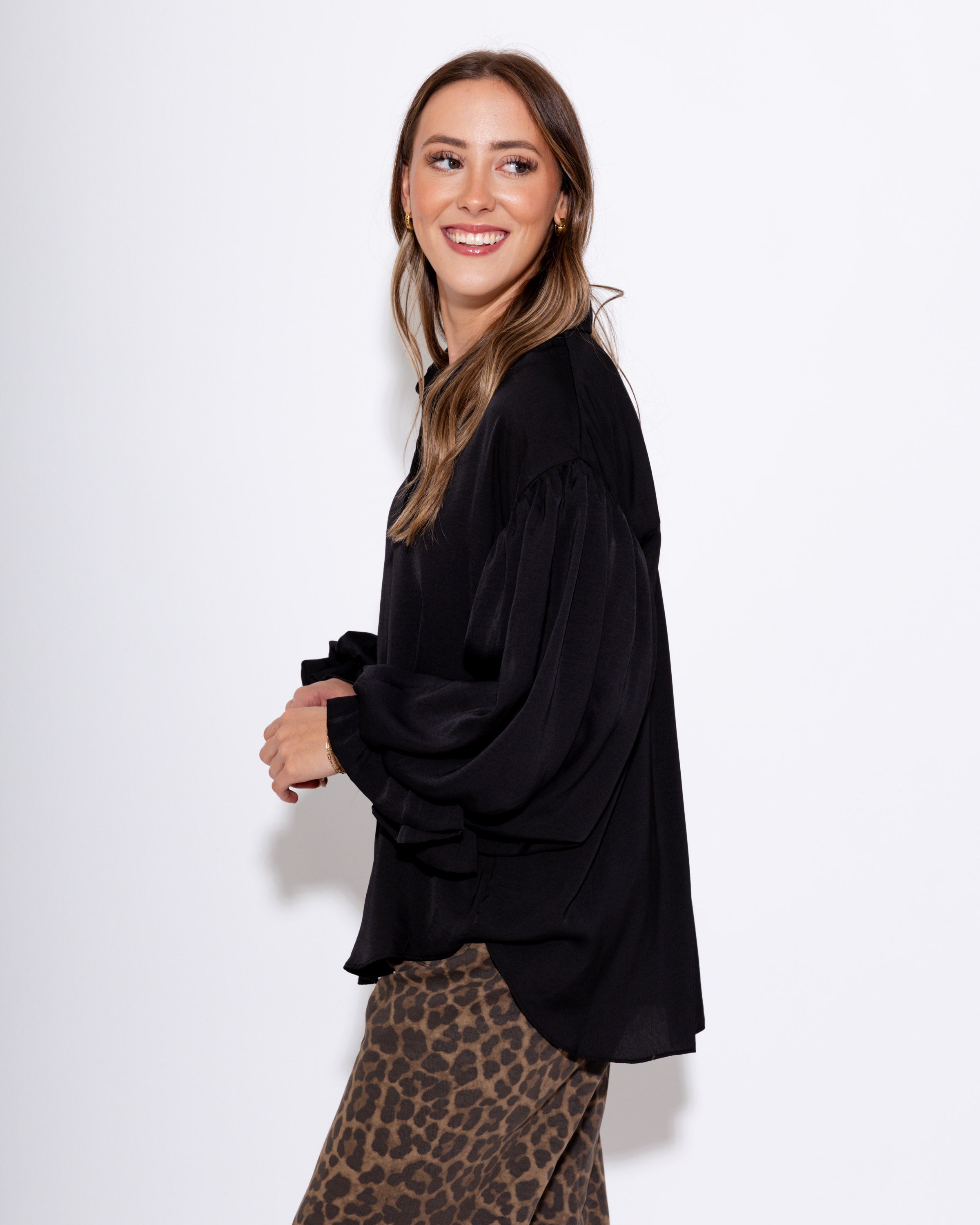 Satin Collared Button-Down Top in Black