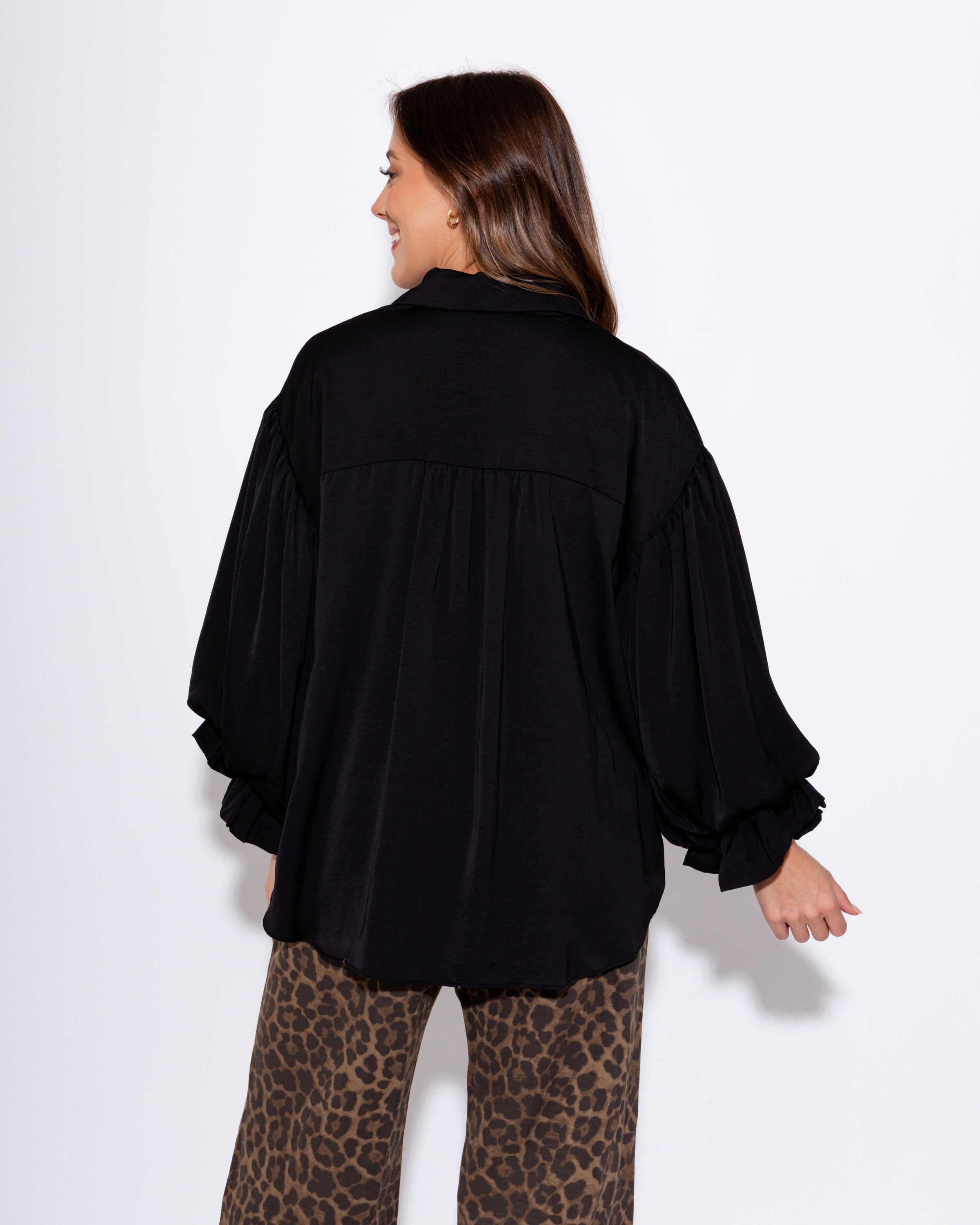 Satin Collared Button-Down Top in Black