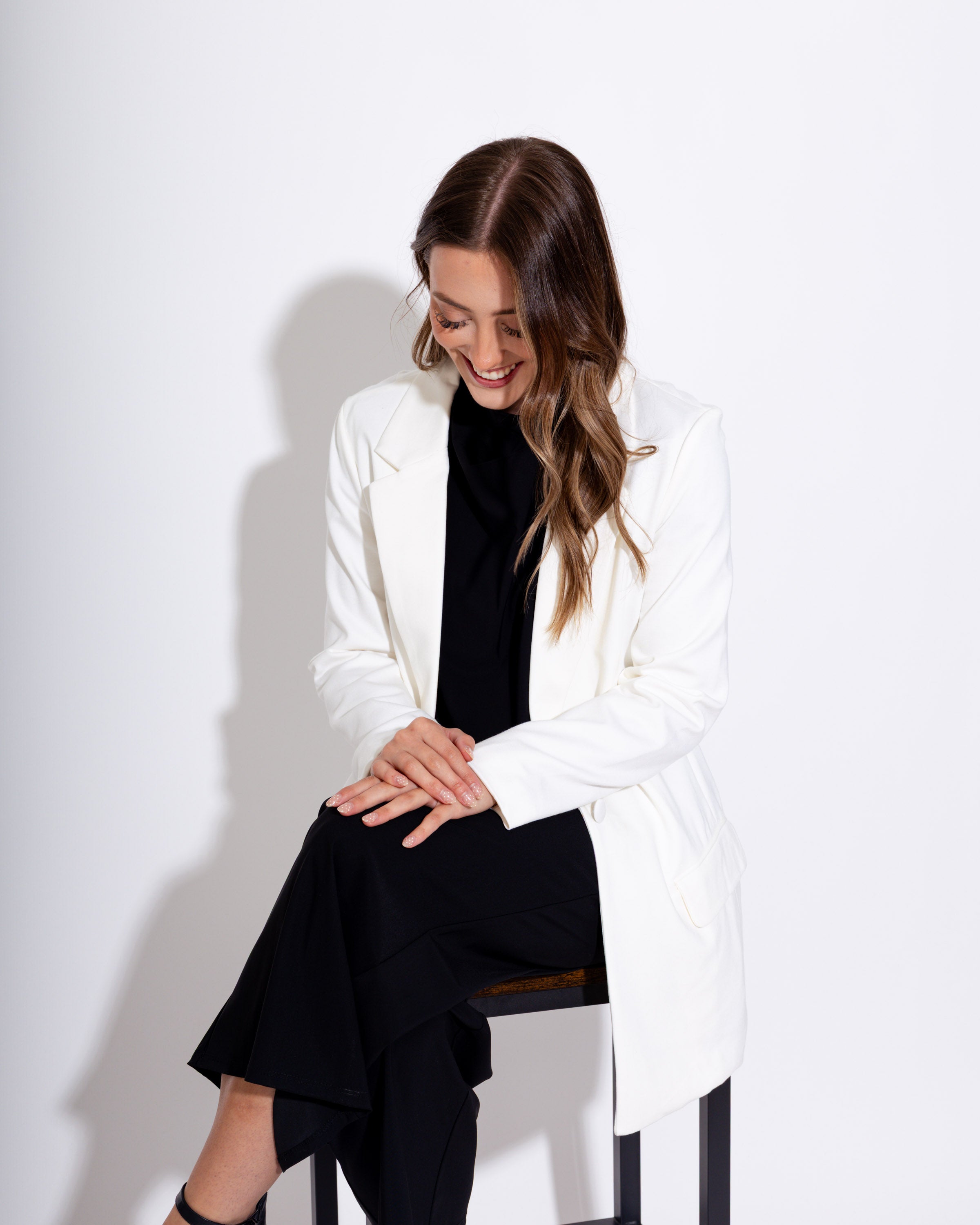 Stretch Knit Open Pocket Front Boyfriend Blazer-WHITE