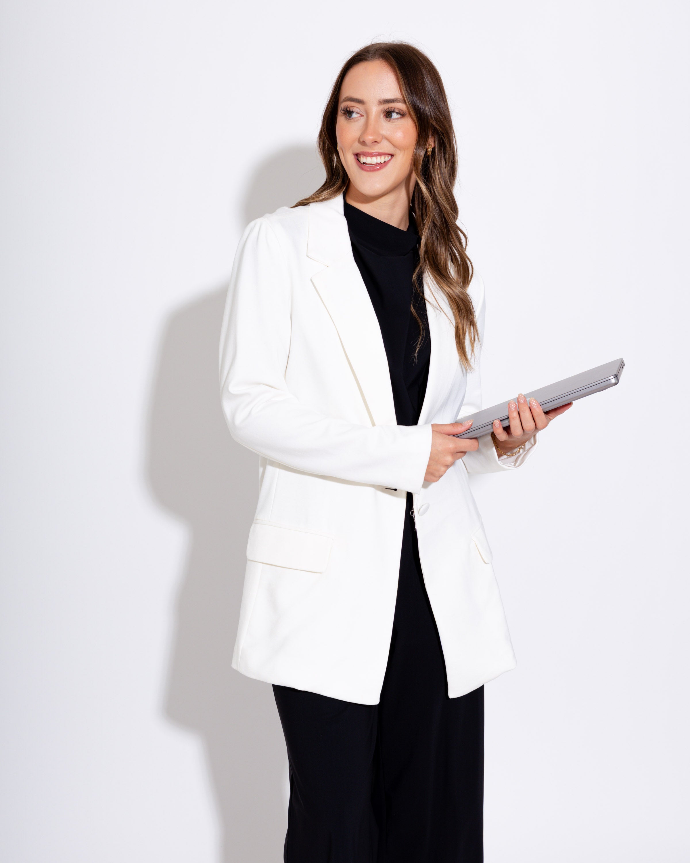 Stretch Knit Open Pocket Front Boyfriend Blazer-WHITE