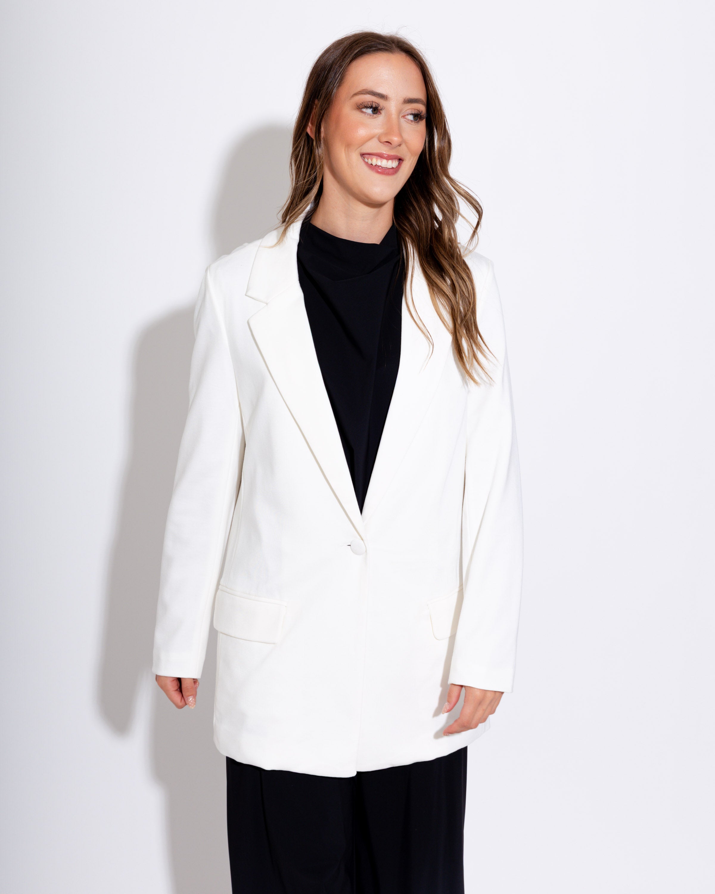 Stretch Knit Open Pocket Front Boyfriend Blazer-WHITE