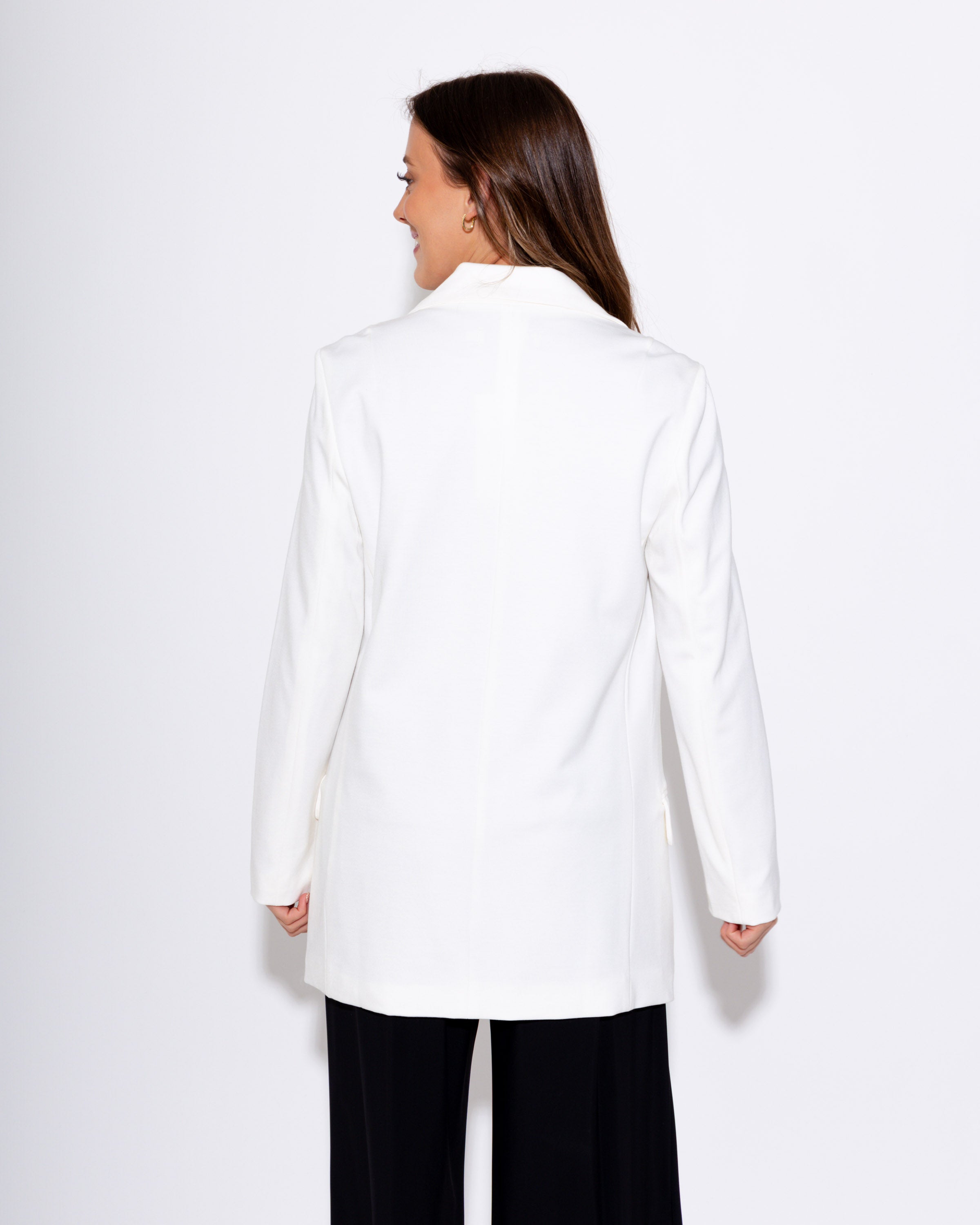 Stretch Knit Open Pocket Front Boyfriend Blazer-WHITE