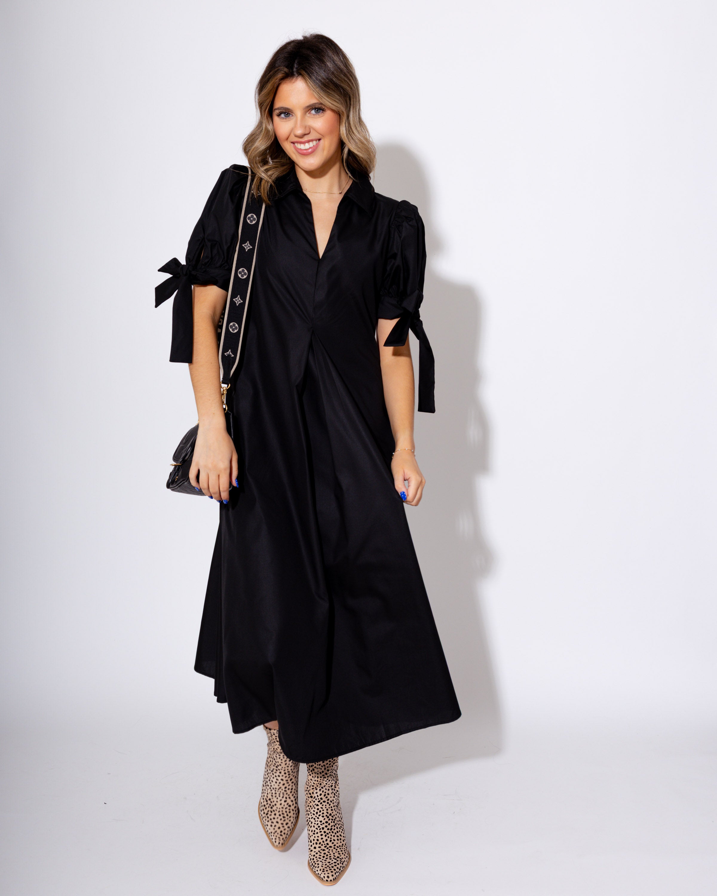 Black Tie-Sleeve Midi Dress