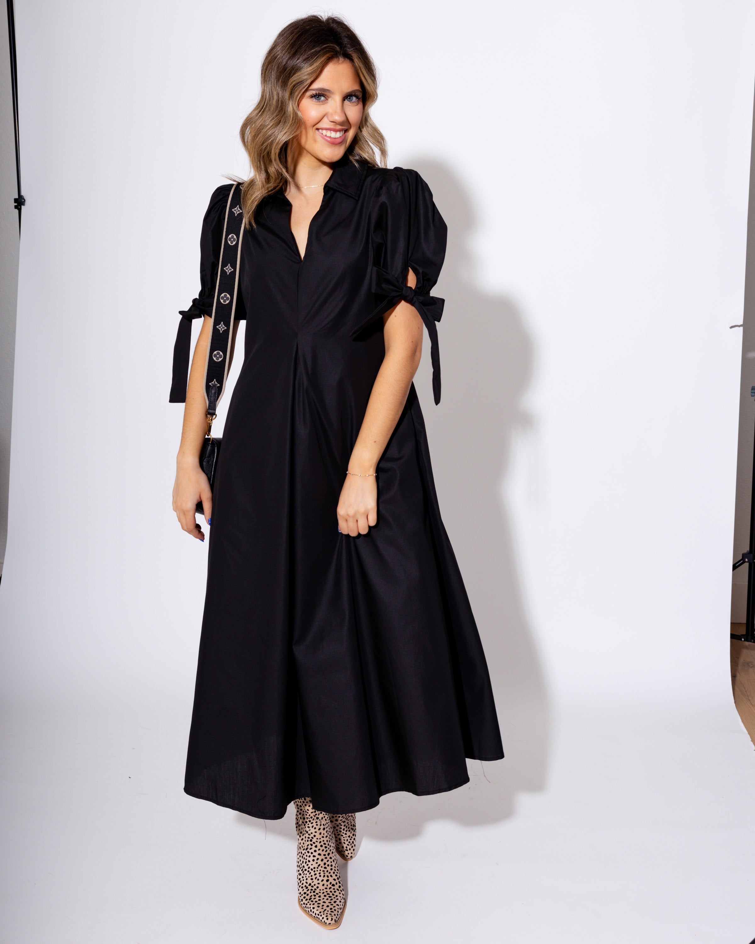 Black Tie-Sleeve Midi Dress