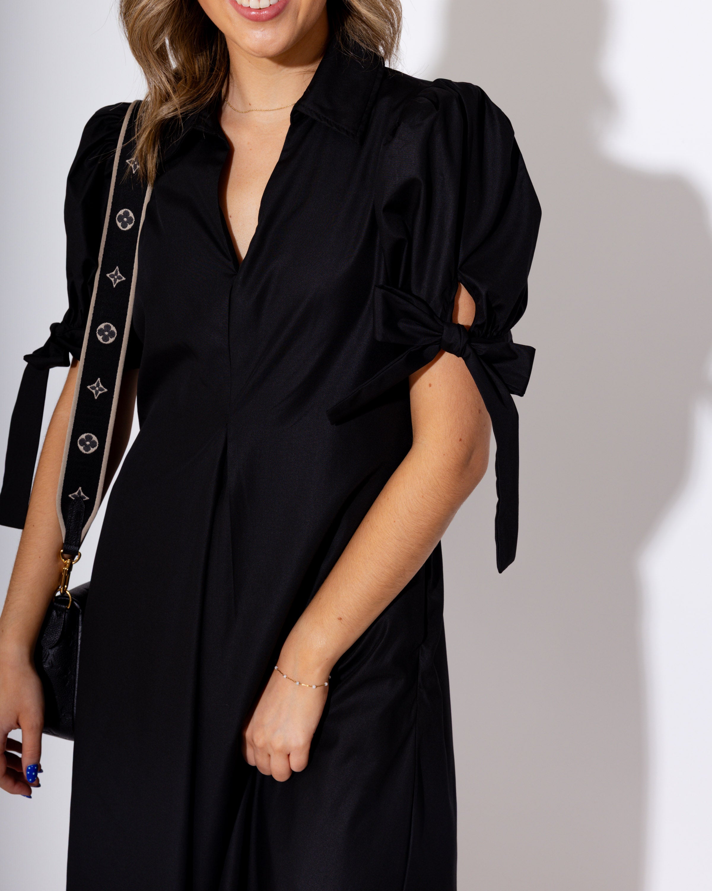 Black Tie-Sleeve Midi Dress