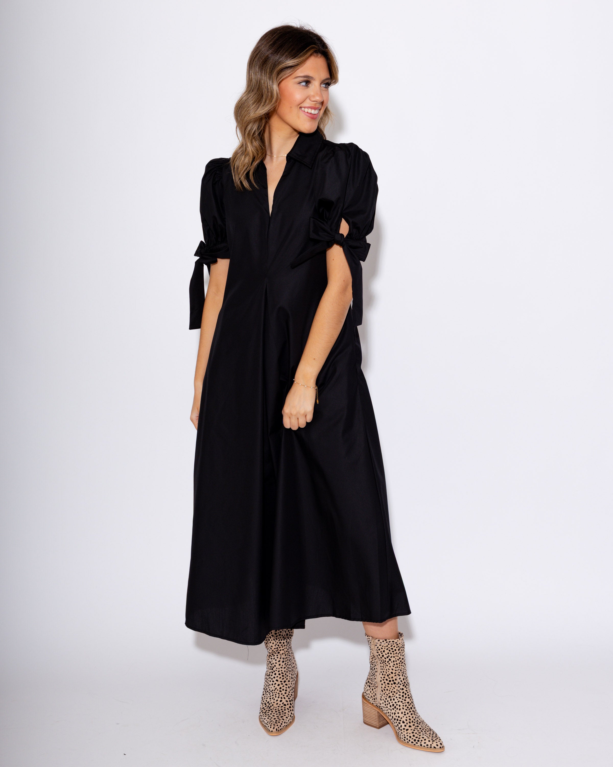 Black Tie-Sleeve Midi Dress