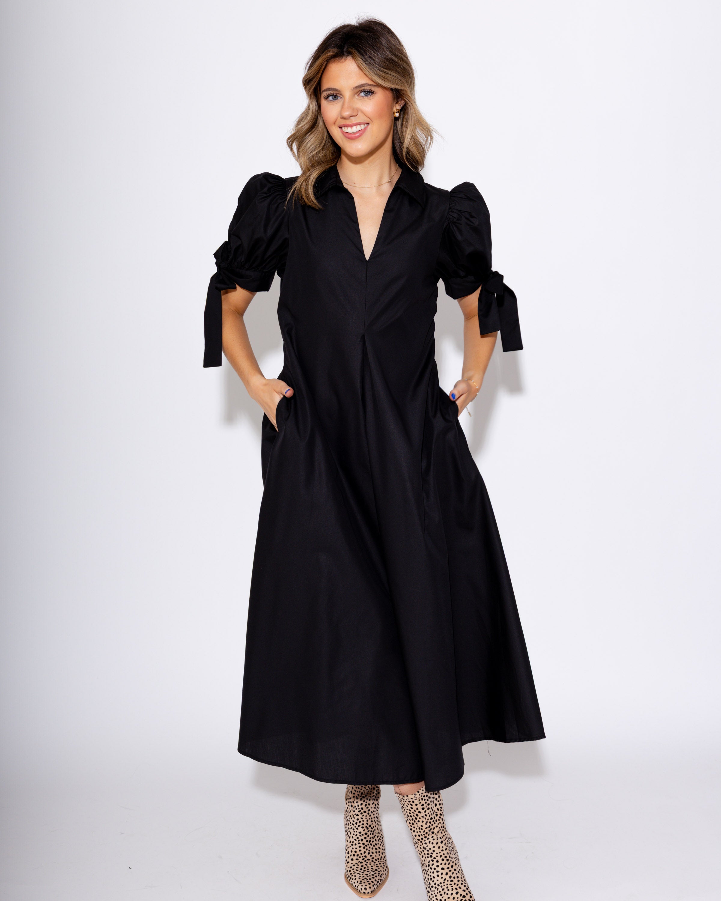 Black Tie-Sleeve Midi Dress