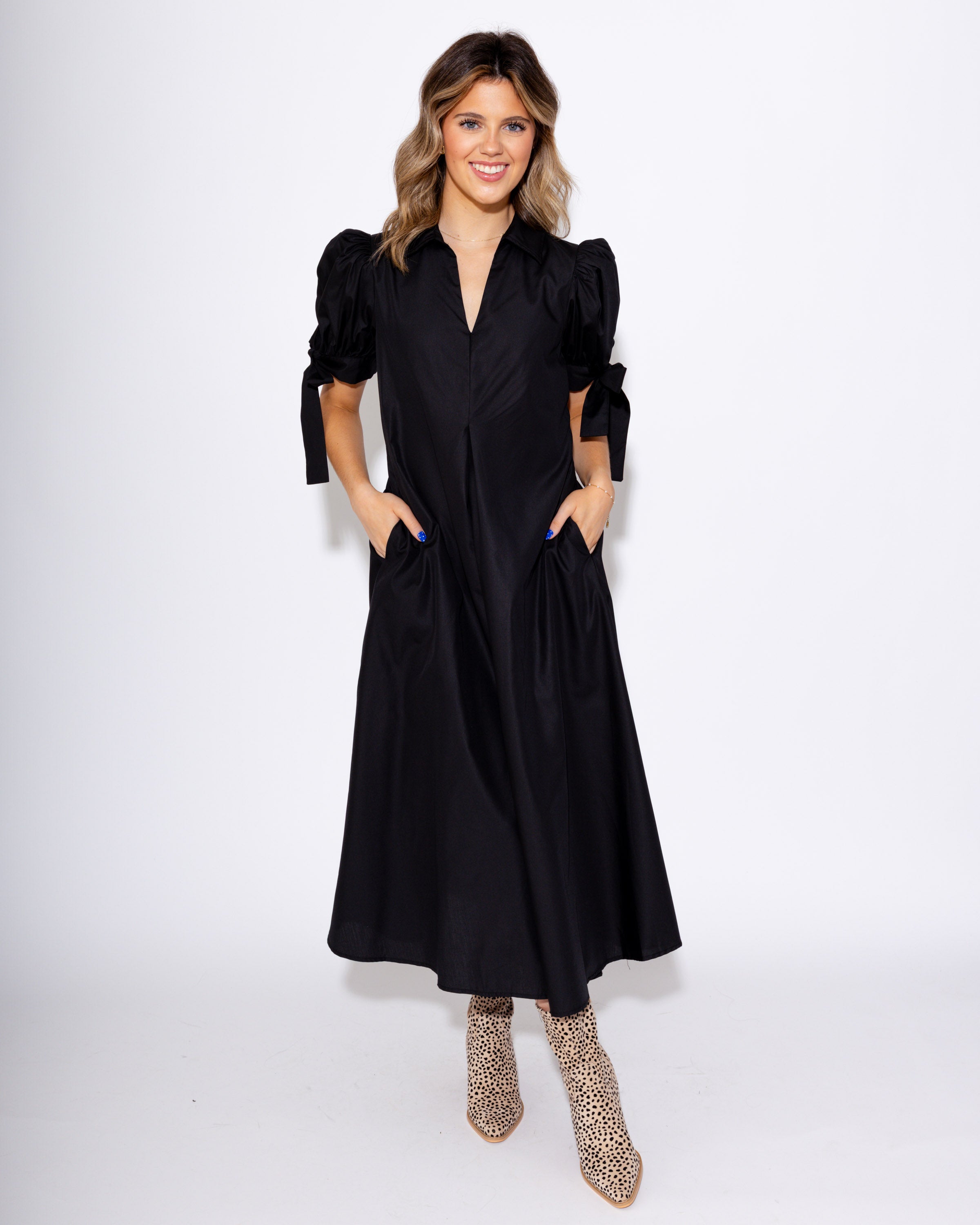 Black Tie-Sleeve Midi Dress
