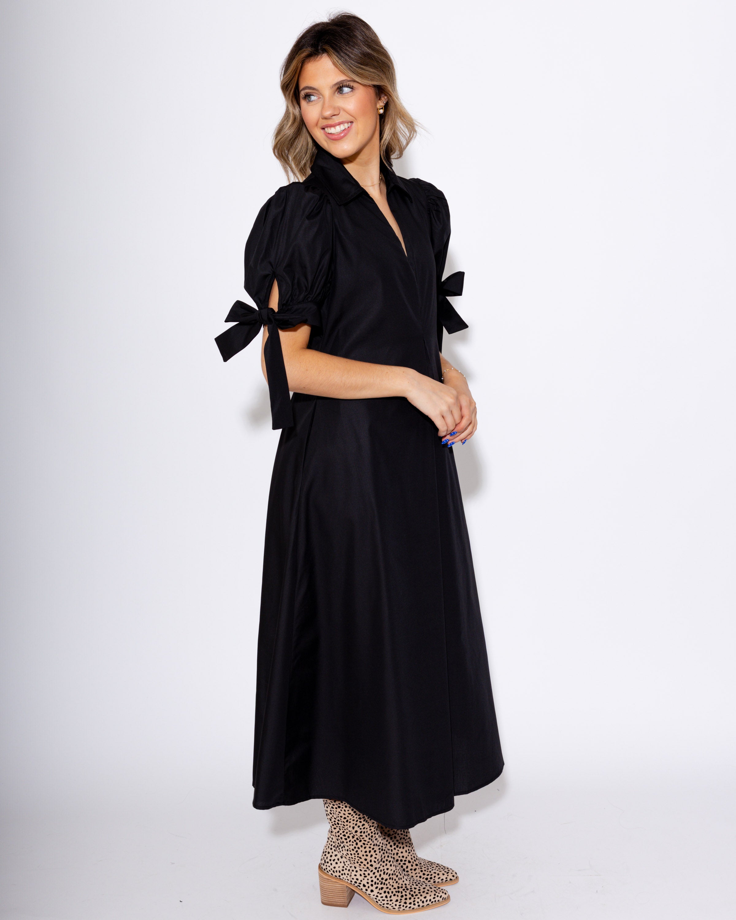 Black Tie-Sleeve Midi Dress