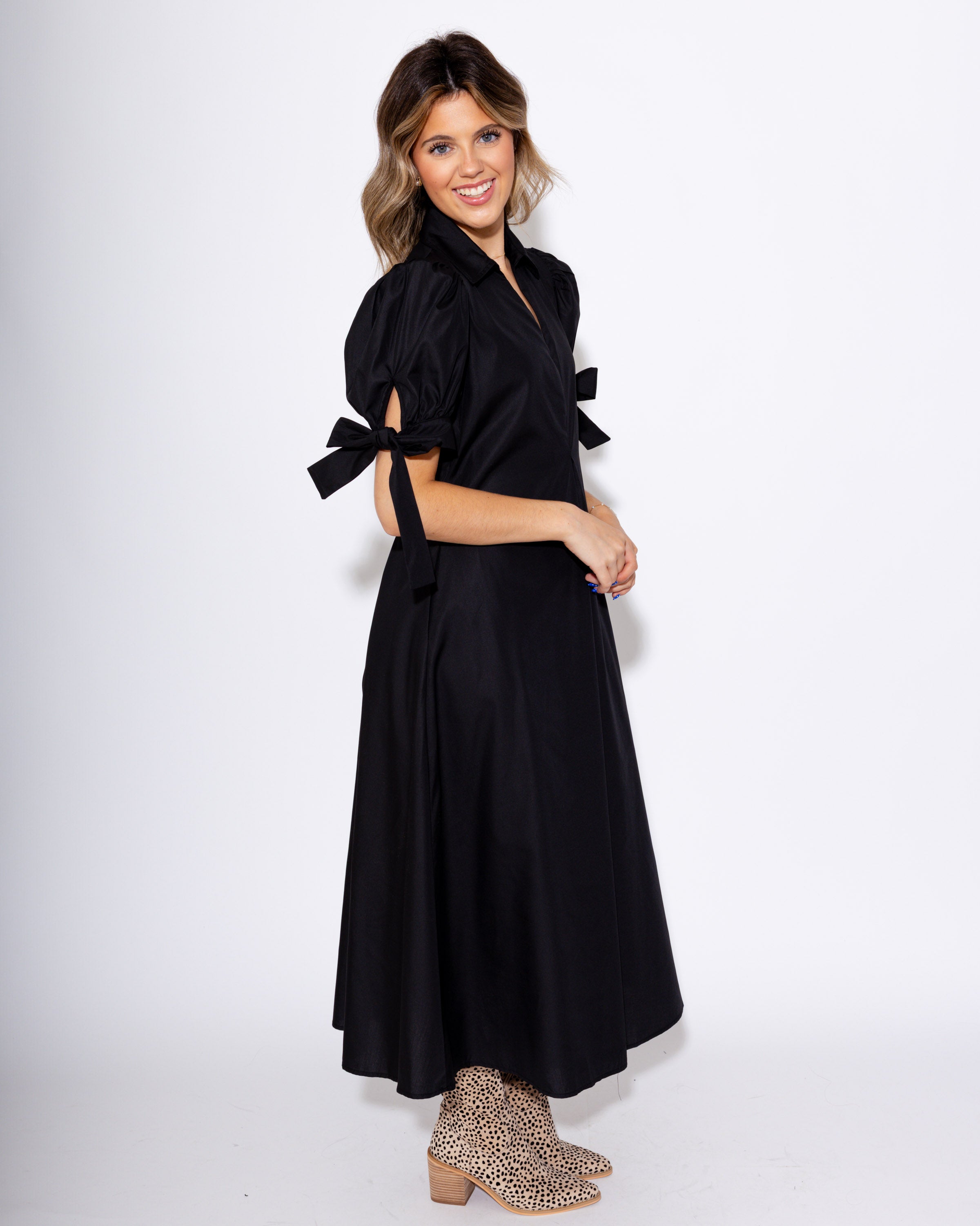 Black Tie-Sleeve Midi Dress