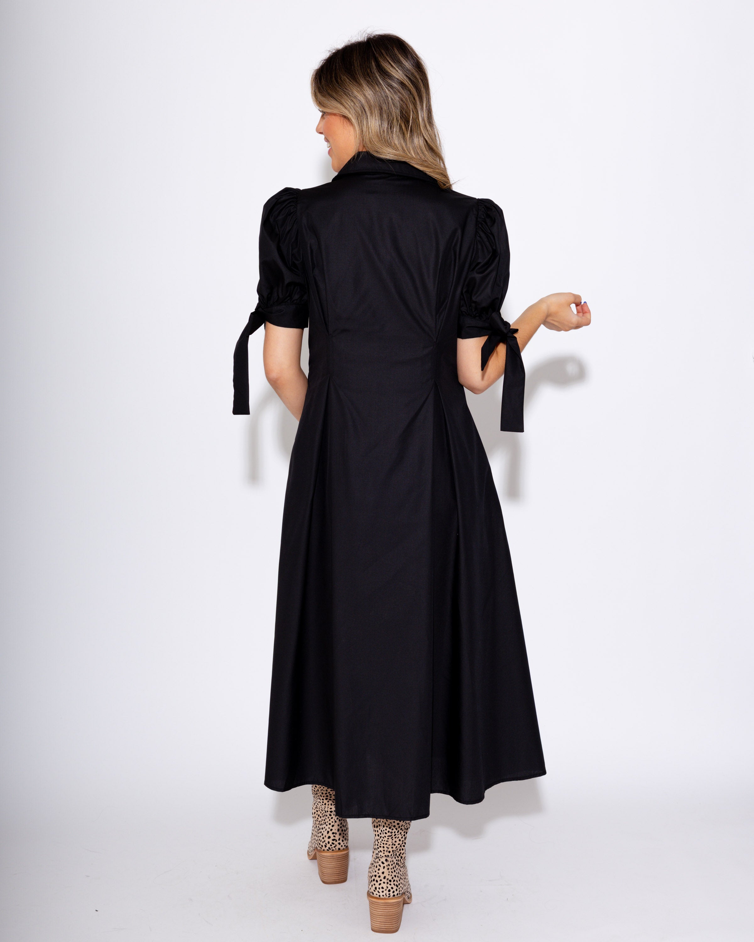 Black Tie-Sleeve Midi Dress