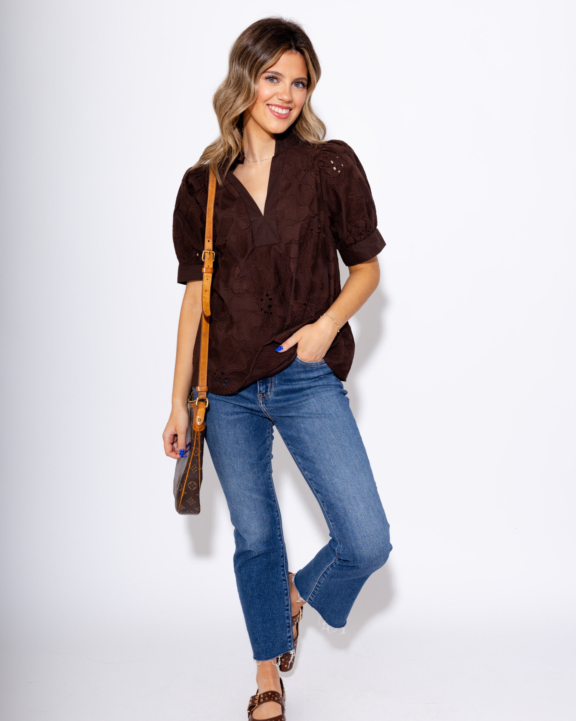 Brown Floral Embrace Split Neck Puff Sleeve Top