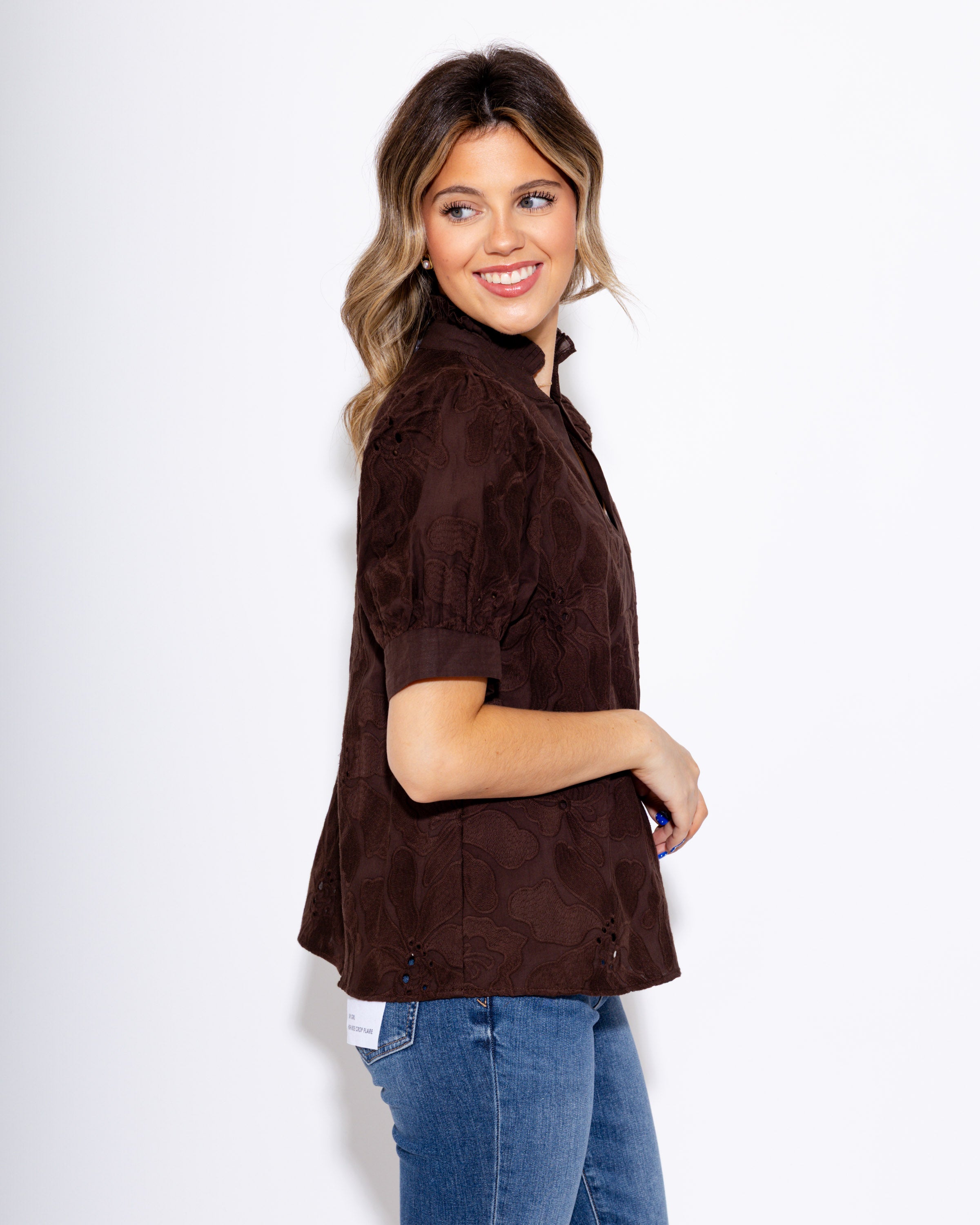 Brown Floral Embrace Split Neck Puff Sleeve Top