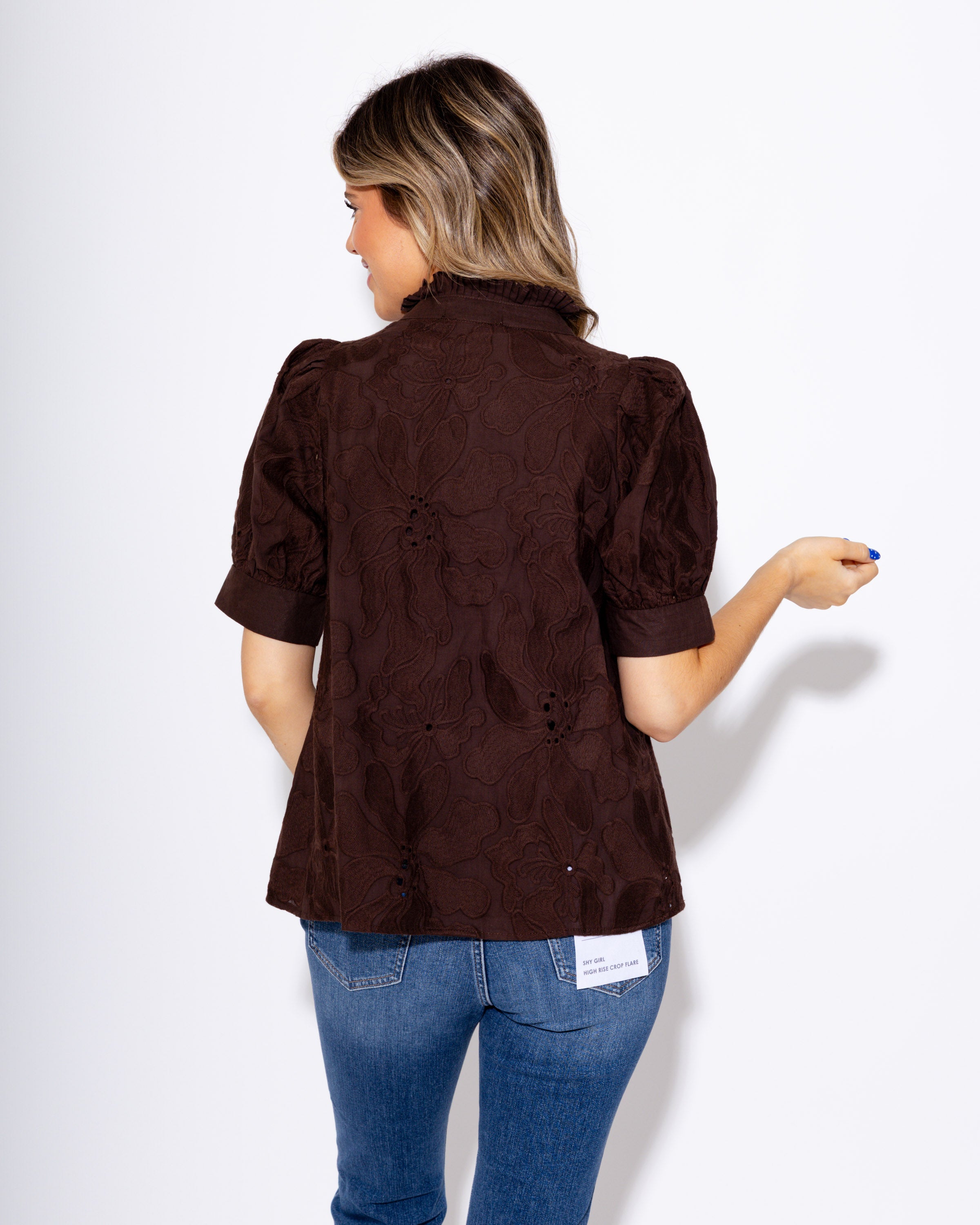 Brown Floral Embrace Split Neck Puff Sleeve Top