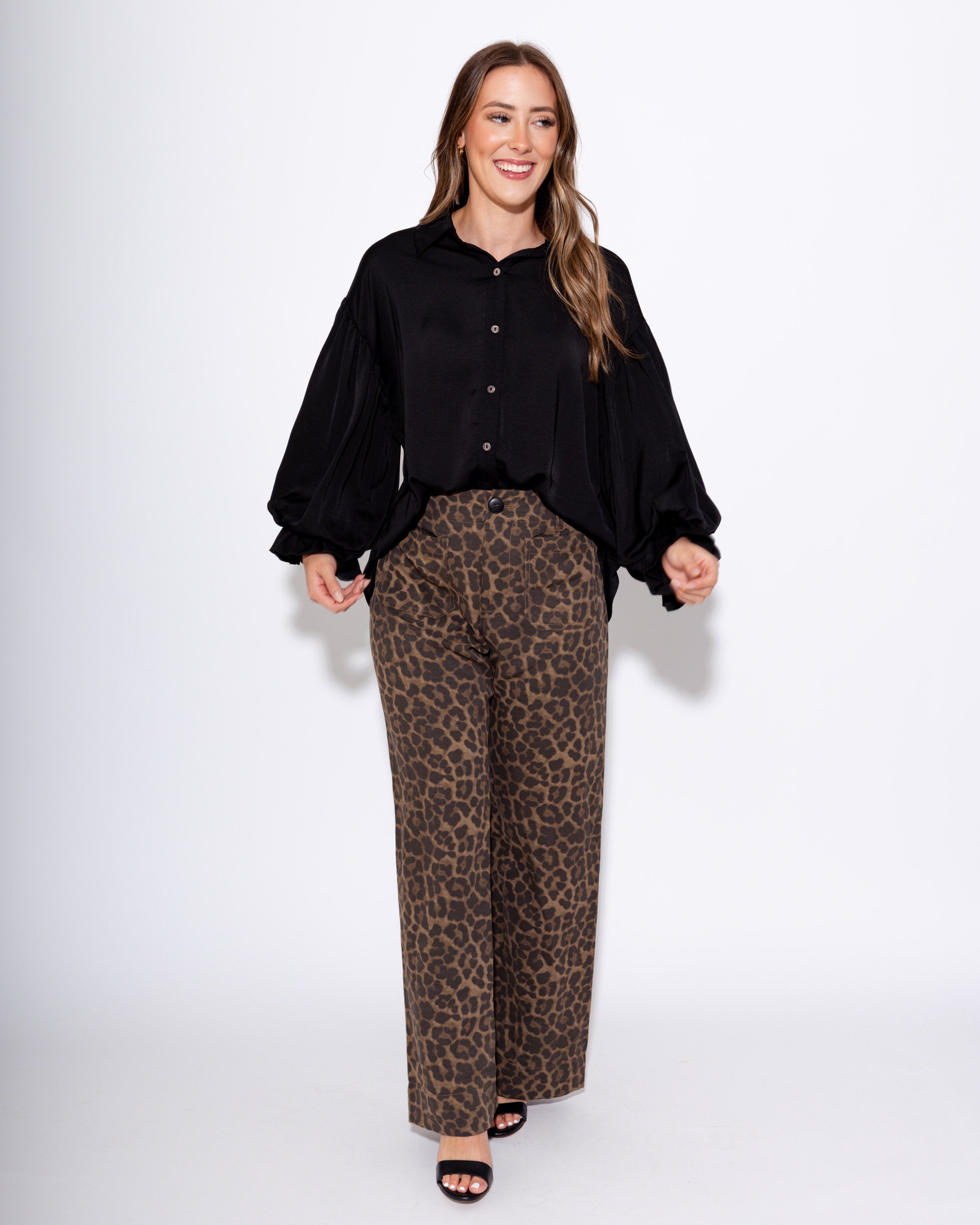 Satin Collared Button-Down Top in Black