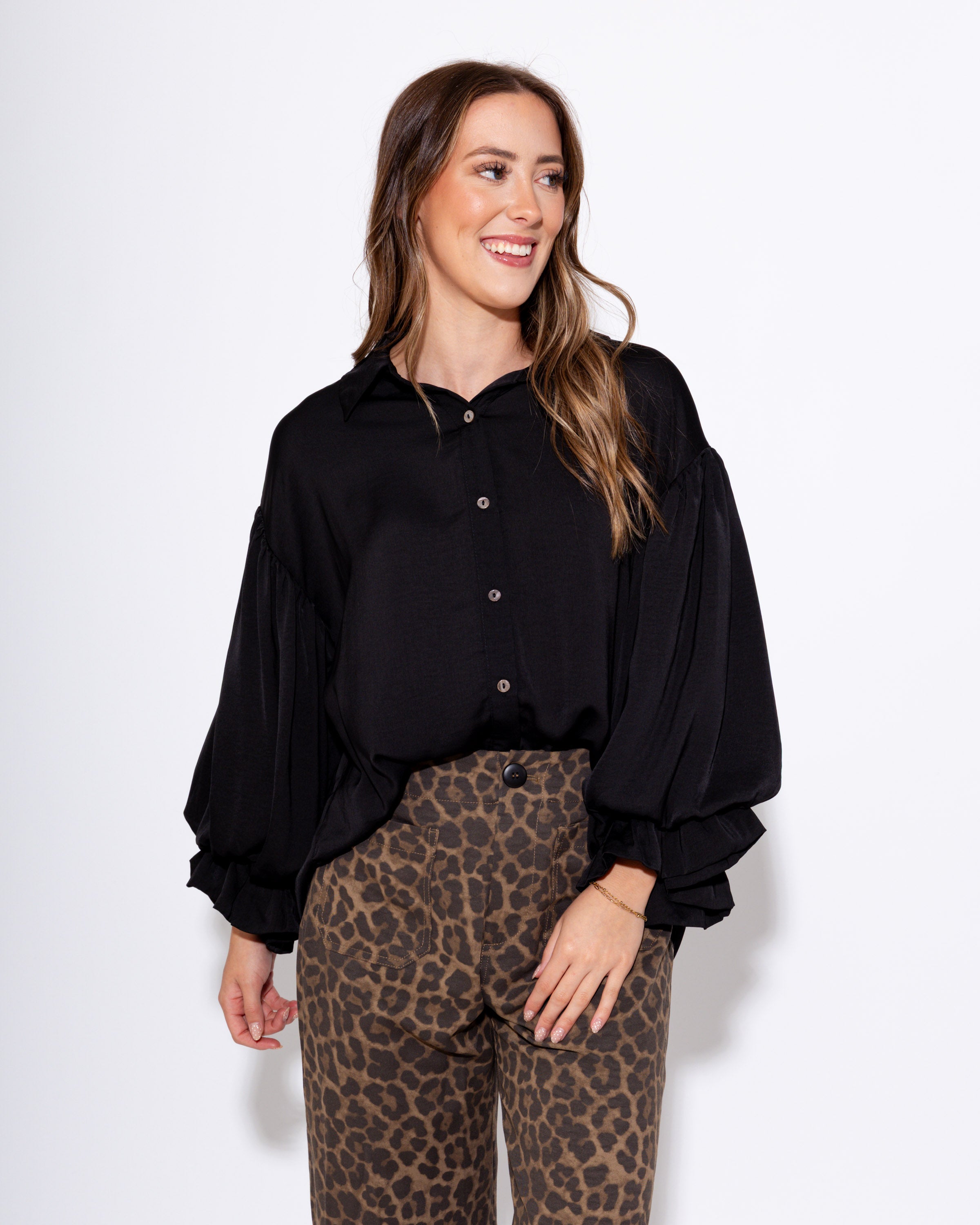 Satin Collared Button-Down Top in Black