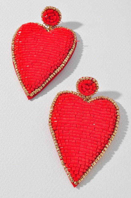 Seed Beaded Heart Earring in Red
