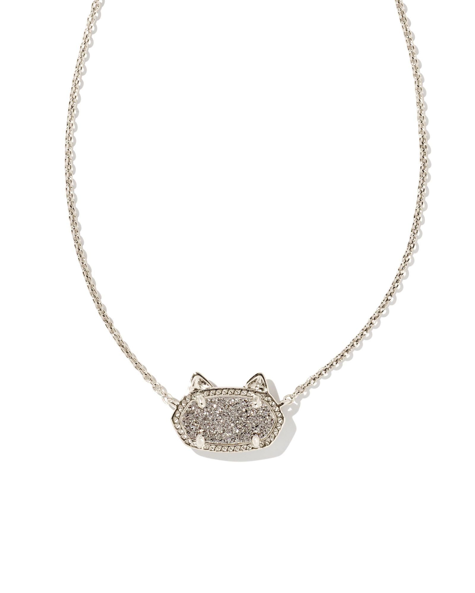 Elisa Cat Pendant Necklace in Rhodium Platinum Drusy