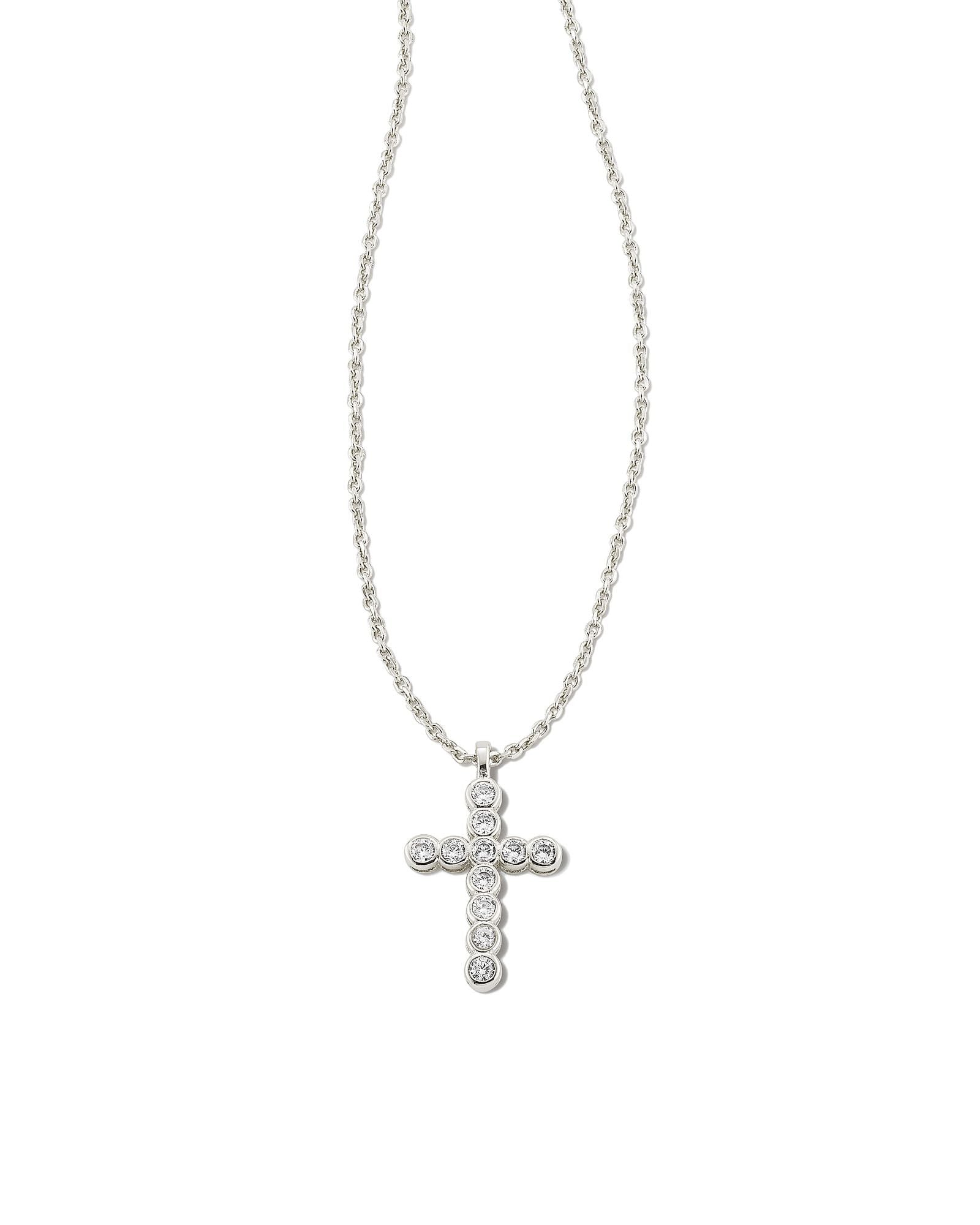 Cross Crystal Pendant Necklace in Rhodium White Crystal
