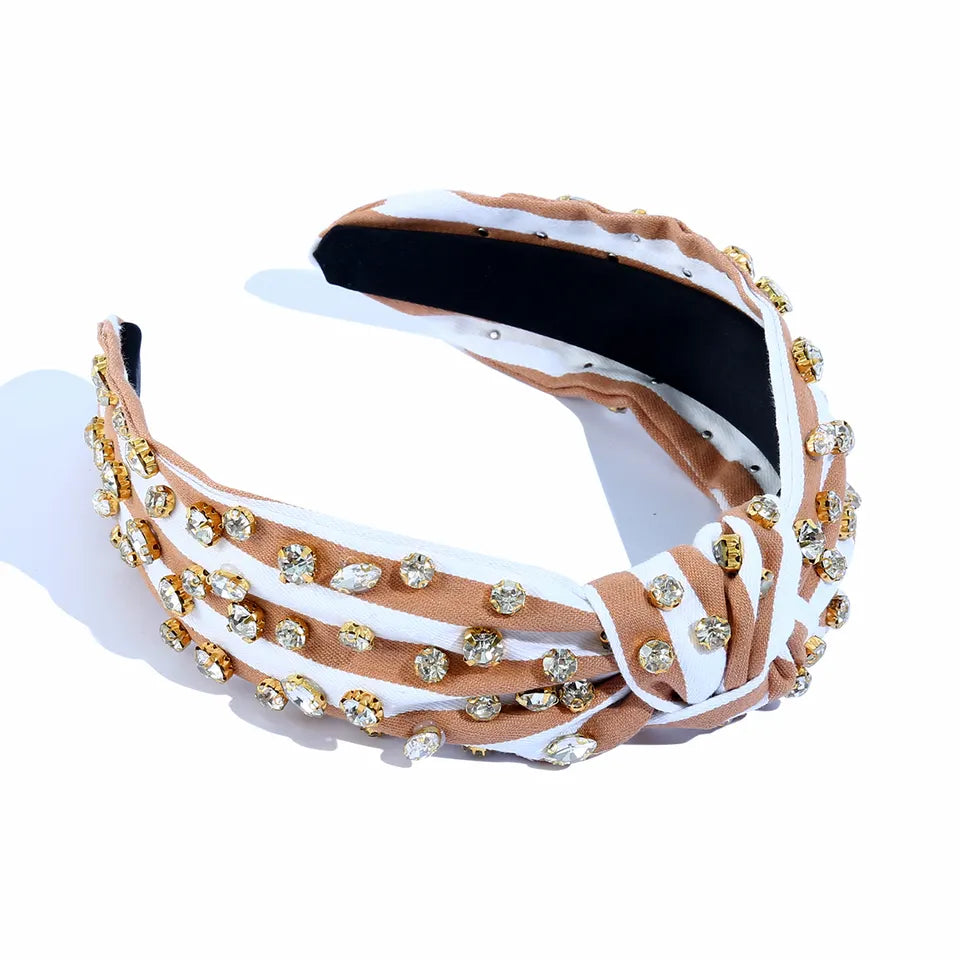 Tan Striped Headband with Clear Crystals