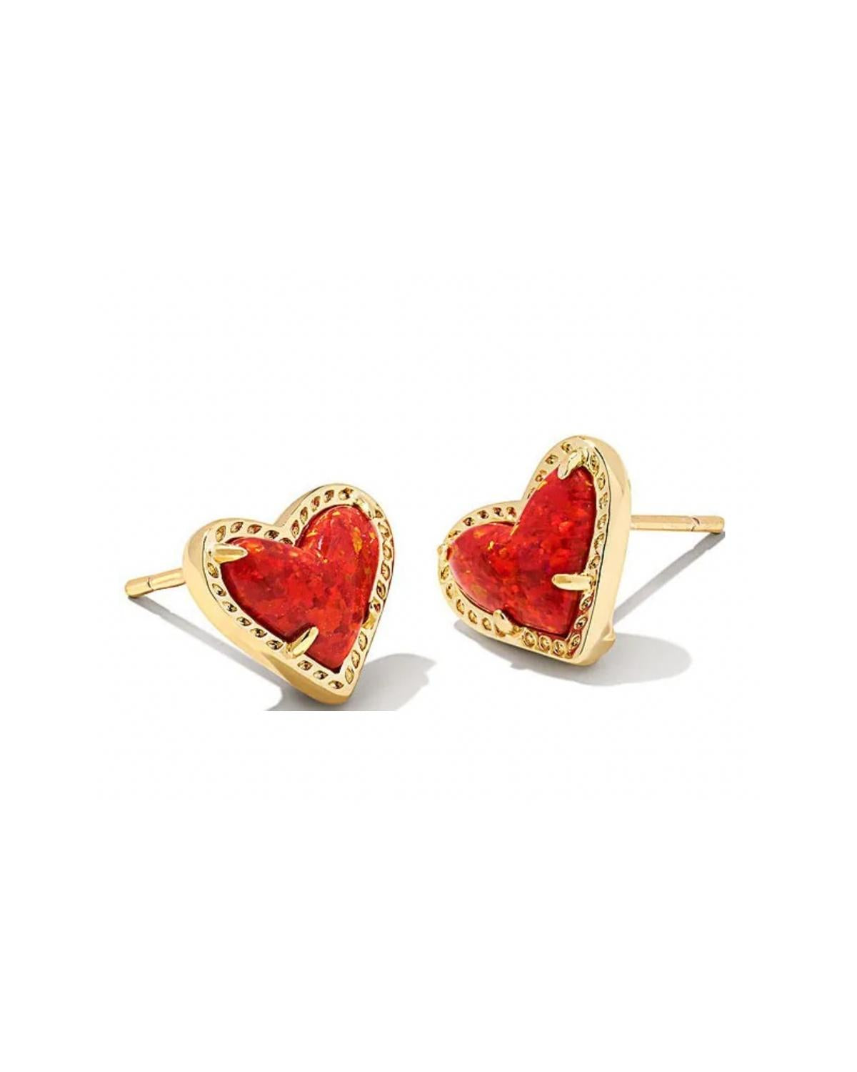 Ari Heart Gold Stud Earring in Red Kyocera Opal