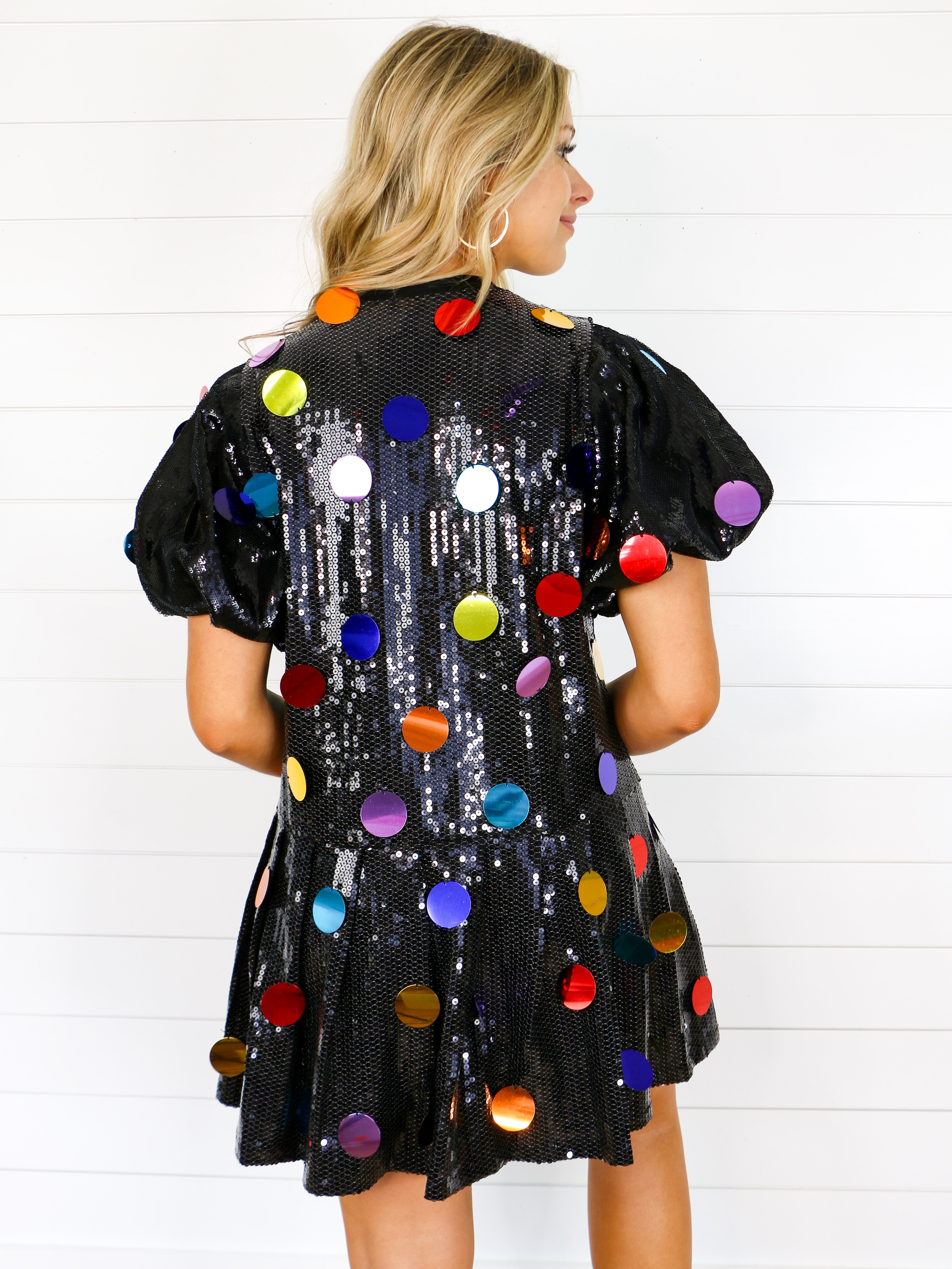 Black Sequin Poof Sleeve Rainbow Paillette Dress