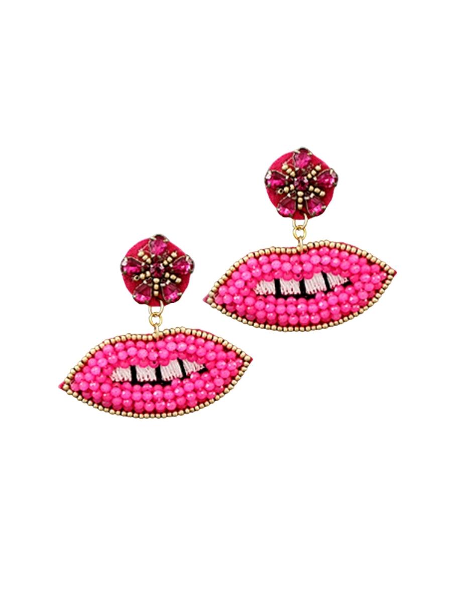 Lip Beaded Earrings in Neon Pink