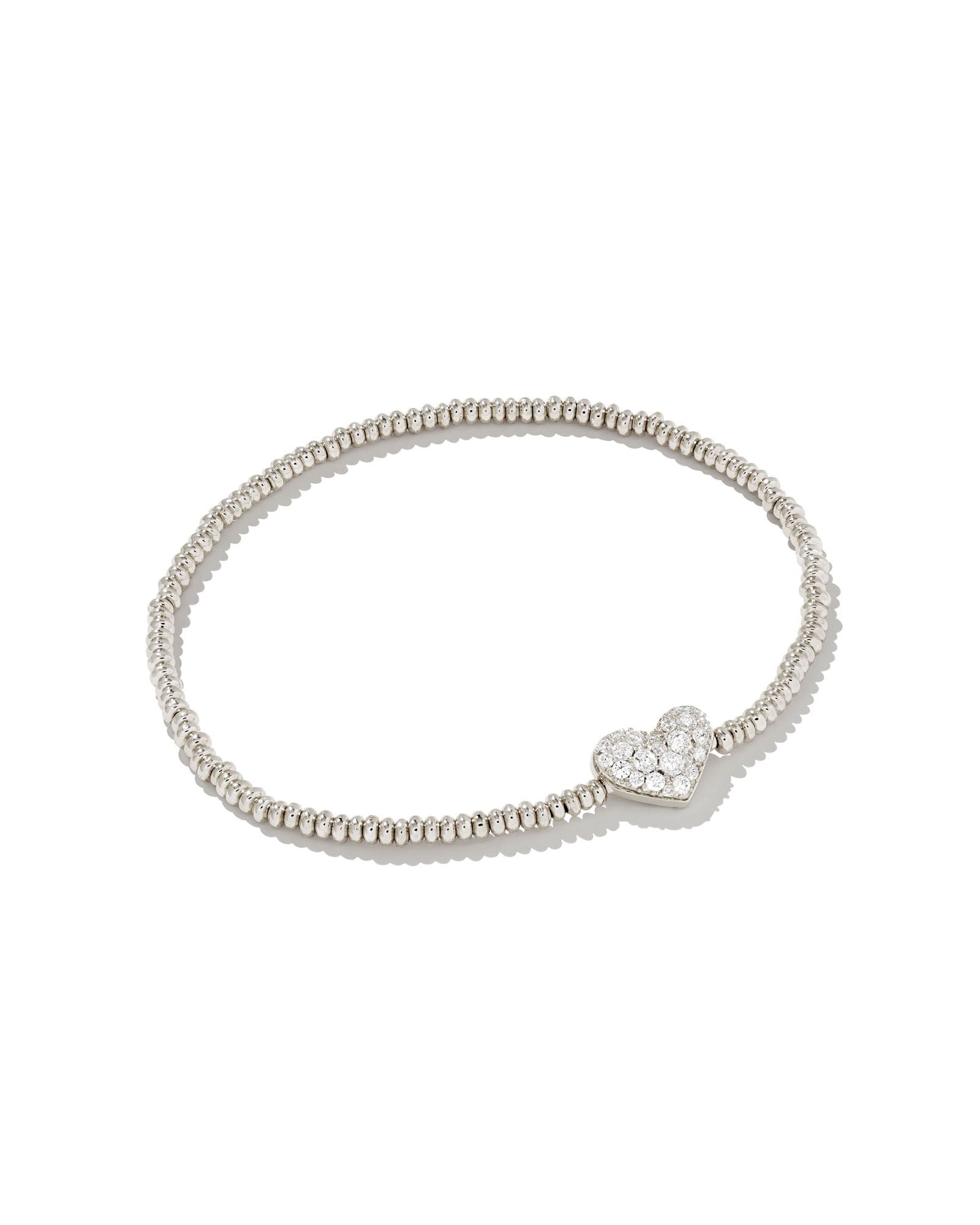 Ari Pave Crystal Heart Stretch Bracelet in Rhodium White Crystal