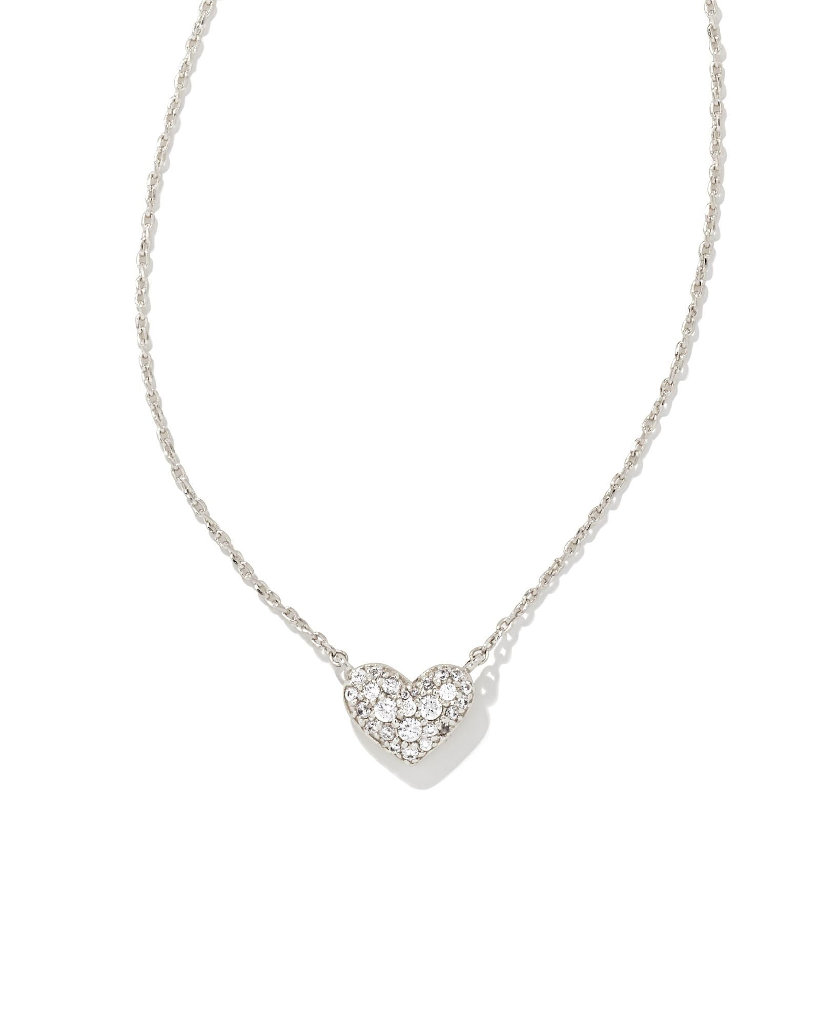 Ari Pave Crystal Heart Necklace in Rhodium Metal White CZ