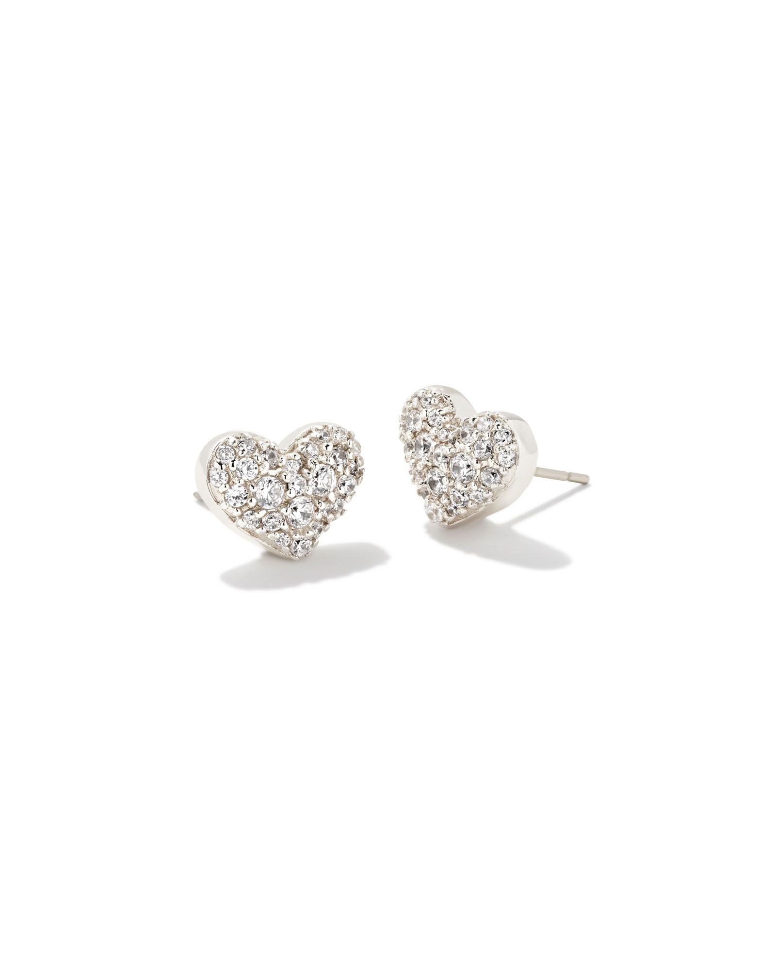 Ari Pave Crystal Heart Earrings in Rhodium Metal White CZ